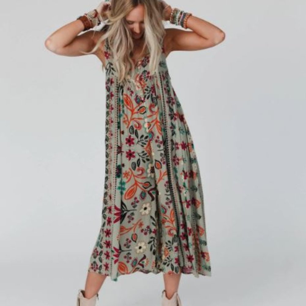 Floral Boho Midi Jumpsuit - Sage Multi